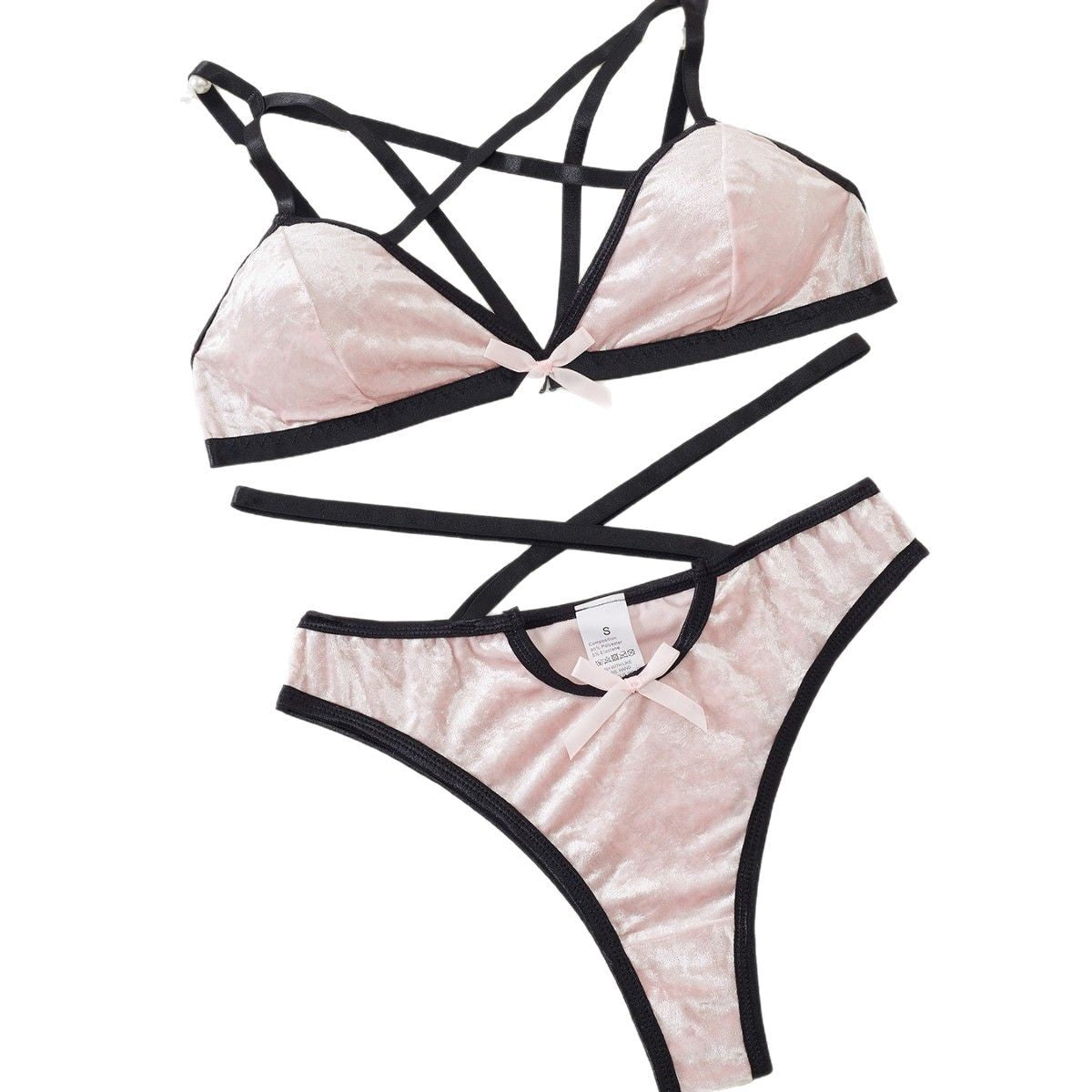 Image of Cross-border pink velvet contrast sweet and spicy cross belt erotic underwear cover sexy and comfortable wire-free three-point set